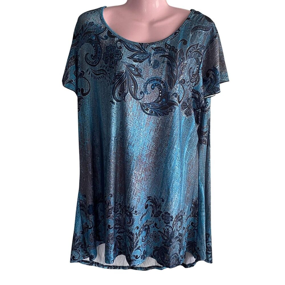 Lily By Firmiana Tunic Top Womens 2XL Blue Paisley Scoop Neck High Low Stretch